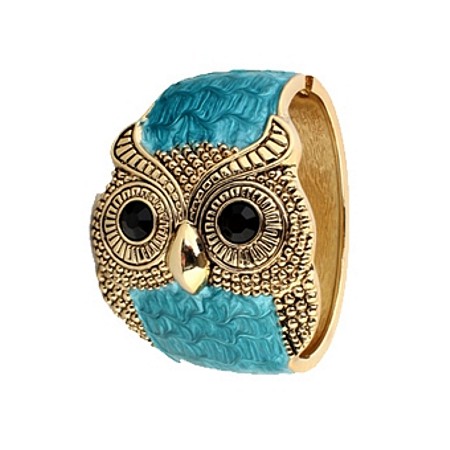 Owl Hinged Bracelet - Gold plated with Blue Resin - Click Image to Close